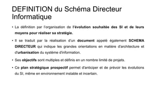 DEFINITION du Schéma Directeur
Informatique
• La définition par l’organisation de l’évolution souhaitée des SI et de leurs
moyens pour réaliser sa stratégie.
• Il se traduit par la réalisation d’un document appelé également SCHEMA
DIRECTEUR qui indique les grandes orientations en matière d'architecture et
d'urbanisation du système d'information.
• Ses objectifs sont multiples et définis en un nombre limité de projets.
• Ce plan stratégique prospectif permet d'anticiper et de prévoir les évolutions
du SI, même en environnement instable et incertain.
 