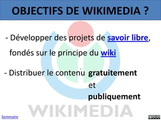 OBJECTIFS DE WIKIMEDIA ?

 - Développer des projets de savoir libre,
   fondés sur le principe du wiki

 - Distribuer le c...