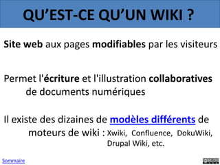 QU’EST-CE QU’UN WIKI ?
Site web aux pages modifiables par les visiteurs


Permet l'écriture et l'illustration collaborativ...