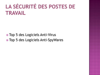  Top 5 des Logiciels Anti-Virus
Top 5 des Logiciels Anti-SpyWares