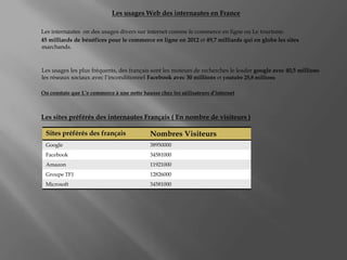 Les usages Web des internautes en France
Les internautes on des usages divers sur internet comme le commerce en ligne ou L...