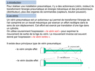 Pour réaliser une installation pneumatique, il y a des actionneurs (vérin, moteur) ils
transforment l’énergie pneumatique en énergie mécanique et des pré-actionneurs
(distributeur), plus des organes de commandes (capteurs, bouton poussoir).
1-Introduction:
2-Les vérins
Un vérin pneumatique est un actionneur qui permet de transformer l'énergie de
l'air comprimé en un travail mécanique par exercer un effort rectiligne dans le
sens de son déplacement. Cet effort est exercé par translation d’une tige dans
un cylindre.
On utilise couramment l’expression « le vérin sort » pour exprimer le
mouvement de sortie de la tige du vérin. Le mouvement inverse est souvent
donné par l’expression « le vérin rentre ».
Il existe deux principaux type de vérin pneumatique:
- le vérin simple effet
- le vérin double effet
2
 