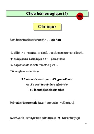 Choc hémorragique (1)
            Choc hémorragique (1)                     Hb


                      Clinique
                      Clinique

Une hémorragie extériorisée … ou non !



  débit    : malaise, anxiété, trouble conscience, oligurie

   fréquence cardiaque +++      pouls filant

  captation de la saturométrie (SpO2)

TA longtemps normale

          TA mauvais marqueur d’hypovolémie
             sauf sous anesthésie générale
               ou locorégionale étendue



Hématocrite normale (avant correction volémique)




DANGER : Bradycardie paradoxale          Désamorçage
                                                              4
 
