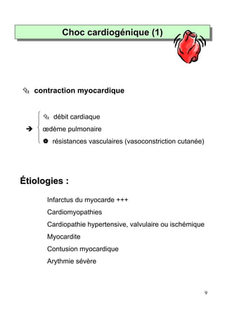 Choc cardiogénique (1)
          Choc cardiogénique (1)




   contraction myocardique


        débit cardiaque
     œdème pulmonaire
       résistances vasculaires (vasoconstriction cutanée)




Étiologies :

      Infarctus du myocarde +++
      Cardiomyopathies
      Cardiopathie hypertensive, valvulaire ou ischémique
      Myocardite
      Contusion myocardique
      Arythmie sévère



                                                            9
 