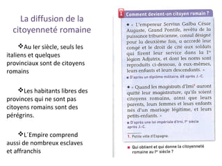 La diffusion de la
citoyenneté romaine
Au Ier siècle, seuls les
italiens et quelques
provinciaux sont de citoyens
romains
Les habitants libres des
provinces qui ne sont pas
citoyens romains sont des
pérégrins.
L´Empire comprend
aussi de nombreux esclaves
et affranchis
 