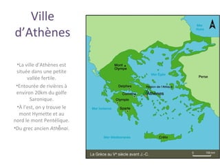 Ville
d’Athènes
•La ville d’Athènes est
située dans une petite
vallée fertile.
•Entourée de rivières à
environ 20km du golfe
Saronique.
•À l’est, on y trouve le
mont Hymette et au
nord le mont Pentélique.
•Du grec ancien Ath naiễ .
 