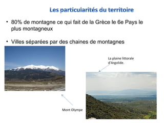 • 80% de montagne ce qui fait de la Grèce le 6e Pays le
plus montagneux
• Villes séparées par des chaines de montagnes
Mont Olympe
La plaine littorale
d'Argolide.
 