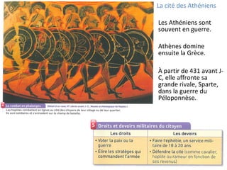 La cité des Athéniens
• Les Athéniens sont
souvent en guerre.
• Athènes domine
ensuite la Grèce.
• À partir de 431 avant J-
C, elle affronte sa
grande rivale, Sparte,
dans la guerre du
Péloponnèse.
 