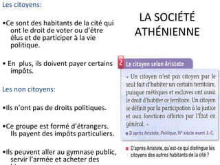 LA SOCIÉTÉ
ATHÉNIENNE
Les citoyens:
•Ce sont des habitants de la cité qui
ont le droit de voter ou d’être
élus et de participer à la vie
politique.
• En plus, ils doivent payer certains
impôts.
Les non citoyens:
•Ils n’ont pas de droits politiques.
•Ce groupe est formé d’étrangers.
Ils payent des impôts particuliers.
•Ils peuvent aller au gymnase public,
servir l’armée et acheter des
 