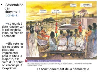 Le fonctionnement de la démocratie
• L´Assemblée
des
citoyens- l
´Ecclésia:
– se réunit à
date régulier sur
la colline de la
Plins, en face de
l´Acropole
–Elle vote les
lois et toutes les
décisions
importantes
pour la cité à la
majorité, à la
suite d´un débat
où chacun peut
s´exprimer
 