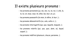 Il existe plusieurs pronoms :
- les pronoms personnels (je, me, moi, tu, te, toi, il, elle, le,
la, lui, on, nous, vous, ils, elles, les, leur, en, y) ;
- les pronoms possessifs (le mien, le nôtre, le leur…) ;
- les pronoms démonstratifs (ce, cela, celle-ci…) ;
- les pronoms interrogatifs (qui, que, laquelle, lesquels…) ;
- les pronoms relatifs (qui, que, quoi, dont, où, lequel,
auquel…) ;
- les pronoms indéfinis (plusieurs, chacun, personne…).
 
