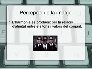 Percepció de la imatge


L’harmonia es produeix per la relació
d’afinitat entre els tons i valors del conjunt.

 