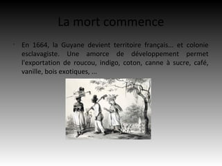 La mort commence
•
    En 1664, la Guyane devient territoire français... et colonie
    esclavagiste. Une amorce de développement permet
    l'exportation de roucou, indigo, coton, canne à sucre, café,
    vanille, bois exotiques, ...
 