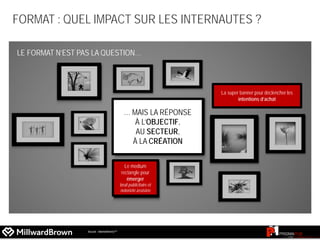 FORMAT : QUEL IMPACT SUR LES INTERNAUTES ?
LE FORMAT N’EST PAS LA QUESTION…
… MAIS LA RÉPONSE
À L’OBJECTIF,
AU SECTEUR,
À LA CRÉATION
Le medium
rectangle pour
émerger
bruit publicitaire et
notoriété assistée
La super banner pour déclencher les
intentions d’achat
Source : MarketNormsTM
 