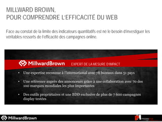 MILLWARD BROWN,
POUR COMPRENDRE L’EFFICACITÉ DU WEB
Face au constat de la limite des indicateurs quantitatifs est né le besoin d’investiguer les
véritables ressorts de l’efficacité des campagnes online.
• Une expertise reconnue à l’international avec 78 bureaux dans 51 pays
• Une référence auprès des annonceurs grâce à une collaboration avec 70 des
100 marques mondiales les plus importantes
• Des outils propriétaires et une BDD exclusive de plus de 7 600 campagnes
display testées
EXPERT DE LA MESURE D’IMPACT
 
