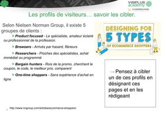 Les profils de visiteurs… savoir les cibler.
Selon Nielsen Norman Group, il existe 5
groupes de clients :
> Product focused - Le spécialiste, amateur éclairé
ou professionnel de la profession.
> Browsers - Arrivés par hasard, flâneurs
> Researchers - Proches des spécialistes, achat
immédiat ou programmé
> Bargain hunters - Rois de la promo, cherchent le
coupon, le code, le meilleur prix, comparent
> One-time shoppers - Sans expérience d’achat en
ligne
http://www.nngroup.com/articles/ecommerce-shoppers/
→ Pensez à cibler
un de ces profils en
désignant ces
pages et en les
rédigeant
19
 