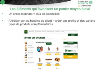 Les éléments qui favorisent un panier moyen élevé
• Un choix important = plus de possibilités
• Anticiper sur les besoins du client = créer des profils et des paniers
types de produits complémentaires
 