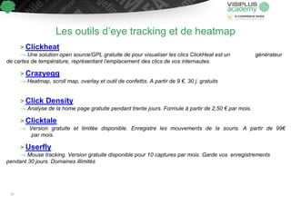 > Clickheat
→ Une solution open source/GPL gratuite de pour visualiser les clics ClickHeat est un générateur
de cartes de température, représentant l’emplacement des clics de vos internautes.
> Crazyegg
→ Heatmap, scroll map, overlay et outil de confettis. A partir de 9 €, 30 j. gratuits
> Click Density
→ Analyse de la home page gratuite pendant trente jours. Formule à partir de 2,50 € par mois.
> Clicktale
→ Version gratuite et limitée disponible. Enregistre les mouvements de la souris. A partir de 99€
par mois.
> Userfly
→ Mouse tracking. Version gratuite disponible pour 10 captures par mois. Garde vos enregistrements
pendant 30 jours. Domaines illimités
Les outils d’eye tracking et de heatmap
79
 