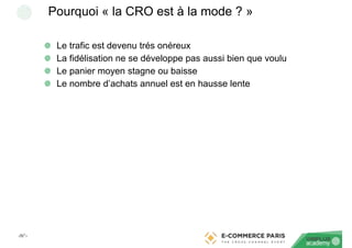 ‹N°›
Pourquoi « la CRO est à la mode ? »
Le trafic est devenu trés onéreux
La fidélisation ne se développe pas aussi bien que voulu
Le panier moyen stagne ou baisse
Le nombre d’achats annuel est en hausse lente
 