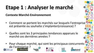 Etape 1 : Analyser le marché
Contexte Marché-Environnement
• Comment se portent les marchés sur lesquels l’entreprise
est présente ou souhaite s’implanter(croissance) ?
• Quelles sont les 3 principales tendances apparues le
marché ces dernières années ?
• Pour chaque marché, qui sont les principaux concurrents
de l’entreprise ?

 