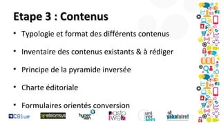 Etape 3 : Contenus
• Typologie et format des différents contenus
• Inventaire des contenus existants & à rédiger
• Principe de la pyramide inversée
• Charte éditoriale
• Formulaires orientés conversion

 