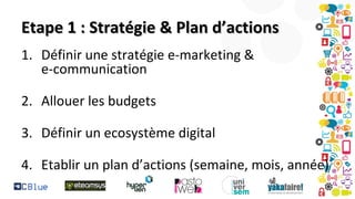 Etape 1 : Stratégie & Plan d’actions
1. Définir une stratégie e-marketing &
e-communication
2. Allouer les budgets
3. Définir un ecosystème digital
4. Etablir un plan d’actions (semaine, mois, année)

 