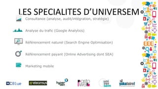 LES SPECIALITES D’UNIVERSEM
Consultance (analyse, audit/intégration, stratégie)
Analyse du trafic (Google Analytics)
Référencement naturel (Search Engine Optimisation)
Référencement payant (Online Advertising dont SEA)
Marketing mobile

 