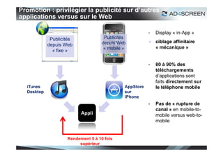 Promotion : privilégier la publicité sur d’autres
applications versus sur le Web

                                                            Display « in-App »
             Publicités              Publicités
                                    depuis Web              ciblage affinitaire
            depuis Web
                                     « mobile »              « mécanique »
              « fixe »

                                                            80 à 90% des
                                                             téléchargements
                                                             d’applications sont
                                                             faits directement sur
  iTunes                                      AppStore       le téléphone mobile
  Desktop                                     sur
                                              iPhone
                                                            Pas de « rupture de
                                                             canal » en mobile-to-
                          Appli                              mobile versus web-to-
                                                             mobile


                    Rendement 5 à 10 fois
                         supérieur
                                                                                   44
 