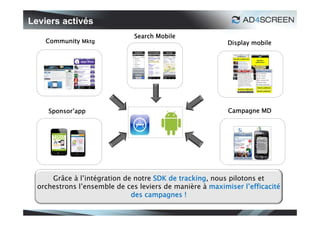 Leviers activés
                               Search Mobile
    Community Mktg                                         Display mobile




     Sponsor’app                                           Campagne MD




      Grâce à l’intégration de notre SDK de tracking, nous pilotons et
  orchestrons l’ensemble de ces leviers de manière à maximiser l’efficacité
                              des campagnes !

                                                                              46
 