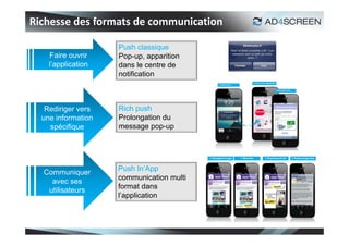 Richesse des formats de communication

                    Push classique
    Faire ouvrir    Pop-up, apparition
    l’application   dans le centre de
                    notification



   Rediriger vers   Rich push
  une information   Prolongation du
    spécifique      message pop-up




                    Push In’App
  Communiquer
                    communication multi
    avec ses
                    format dans
   utilisateurs
                    l’application



                                          54
 