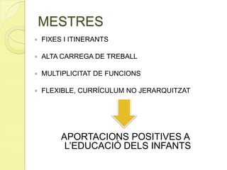 MESTRES
 FIXES I ITINERANTS
 ALTA CARREGA DE TREBALL
 MULTIPLICITAT DE FUNCIONS
 FLEXIBLE, CURRÍCULUM NO JERARQUITZAT
APORTACIONS POSITIVES A
L’EDUCACIÓ DELS INFANTS
 
