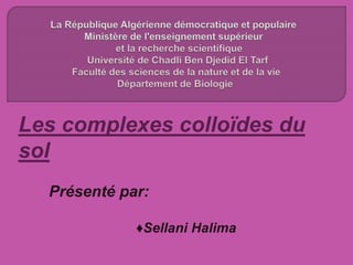 Les complexes colloïdes du
sol
Présenté par:
♦Sellani Halima
 