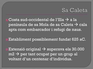 Costa sud-occidental de l‟Illa  a la
península de sa Mola de sa Caleta  cala
apta com embarcador i refugi de naus.
Establiment possiblement fundat 625 aC.
Extensió original  superava els 30.000
m2  per tant ocupat per un grup al
voltant d‟un centenar d‟individus.
 