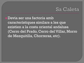 Devia ser una factoria amb
característiques similars a les que
existien a la costa oriental andalusa
(Cerro del Prado, Cerro del Villar, Morro
de Mezquitilla, Chorreras, etc).
 