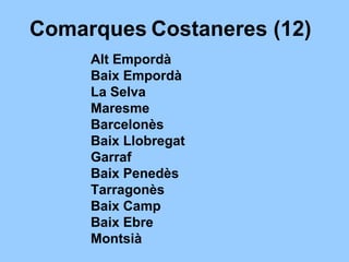 Alt Empordà Baix Empordà La Selva Maresme Barcelonès Baix Llobregat Garraf Baix Penedès Tarragonès Baix Camp Baix Ebre Montsià Comarques   Costaneres (12) 