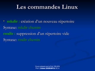 Les commandes Linux
Les commandes Linux
• mkdir :
mkdir : création d’un nouveau répertoire
création d’un nouveau répertoire
Syntaxe:
Syntaxe: mkdir chemin
mkdir chemin
rmdir :
rmdir : suppression d’un répertoire vide
suppression d’un répertoire vide
Syntaxe:
Syntaxe: rmdir chemin
rmdir chemin
Cours préparé par le Prof: DELIEN
Patrick (2009-2010)
Prof: Loveson VILSENAT M.SC.A
 