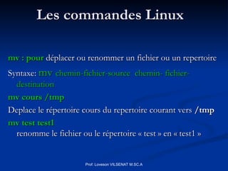 Les commandes Linux
Les commandes Linux
mv : pour
mv : pour déplacer ou renommer un fichier ou un repertoire
déplacer ou renommer un fichier ou un repertoire
Syntaxe:
Syntaxe: mv
mv chemin-fichier-source chemin- fichier-
chemin-fichier-source chemin- fichier-
destination
destination
mv cours /tmp
mv cours /tmp
Deplace le répertoire cours du repertoire courant vers
Deplace le répertoire cours du repertoire courant vers /tmp
/tmp
mv test test1
mv test test1
renomme le fichier ou le répertoire « test » en « test1 »
renomme le fichier ou le répertoire « test » en « test1 »
Prof: Loveson VILSENAT M.SC.A
 
