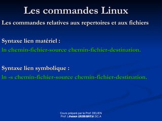 Cours préparé par le Prof: DELIEN
Patrick (2009-2010)
Les commandes Linux
Les commandes Linux
Les commandes relatives aux repertoires et aux fichiers
Les commandes relatives aux repertoires et aux fichiers
Syntaxe lien matériel :
Syntaxe lien matériel :
ln chemin-fichier-source chemin-fichier-destination.
ln chemin-fichier-source chemin-fichier-destination.
Syntaxe lien symbolique :
Syntaxe lien symbolique :
ln -s chemin-fichier-source chemin-fichier-destination.
ln -s chemin-fichier-source chemin-fichier-destination.
Prof: Loveson VILSENAT M.SC.A
 