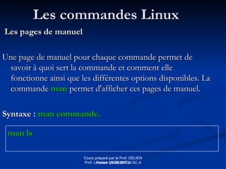Cours préparé par le Prof: DELIEN
Patrick (2009-2010)
Les commandes Linux
Les commandes Linux
Les pages de manuel
Les pages de manuel
Une page de manuel pour chaque commande permet de
Une page de manuel pour chaque commande permet de
savoir à quoi sert la commande et comment elle
savoir à quoi sert la commande et comment elle
fonctionne ainsi que les différentes options disponibles. La
fonctionne ainsi que les différentes options disponibles. La
commande
commande man
man permet d'afficher ces pages de manuel.
permet d'afficher ces pages de manuel.
Syntaxe :
Syntaxe : man commande.
man commande.
man ls
man ls
Prof: Loveson VILSENAT M.SC.A
 
