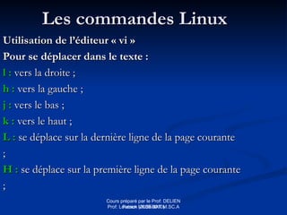 Cours préparé par le Prof: DELIEN
Patrick (2009-2010)
Les commandes Linux
Les commandes Linux
Utilisation de l’éditeur « vi »
Utilisation de l’éditeur « vi »
Pour se déplacer dans le texte :
Pour se déplacer dans le texte :
l
l :
: vers la droite ;
vers la droite ;
h :
h : vers la gauche ;
vers la gauche ;
j :
j : vers le bas ;
vers le bas ;
k :
k : vers le haut ;
vers le haut ;
L :
L : se déplace sur la dernière ligne de la page courante
se déplace sur la dernière ligne de la page courante
;
;
H :
H : se déplace sur la première ligne de la page courante
se déplace sur la première ligne de la page courante
;
;
Prof: Loveson VILSENAT M.SC.A
 