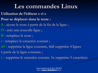 Cours préparé par le Prof: DELIEN
Patrick (2009-2010)
Les commandes Linux
Les commandes Linux
Utilisation de l’éditeur « vi »
Utilisation de l’éditeur « vi »
Pour se déplacer dans le texte :
Pour se déplacer dans le texte :
A :
A : ajoute le texte à partir de la fin de la ligne ;
ajoute le texte à partir de la fin de la ligne ;
O :
O : crée une nouvelle ligne ;
crée une nouvelle ligne ;
R :
R : remplace le texte ;
remplace le texte ;
r :
r : remplace le caractère courant ;
remplace le caractère courant ;
dd :
dd : supprime la ligne courante, 4dd supprime 4 lignes
supprime la ligne courante, 4dd supprime 4 lignes
à partir de la ligne courante ;
à partir de la ligne courante ;
x :
x : supprime le caractère courant. 5x supprime 5 caractères.
supprime le caractère courant. 5x supprime 5 caractères.
Prof: Loveson VILSENAT M.SC.A
 