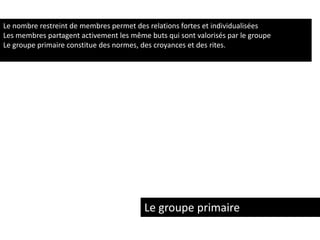 Le nombre restreint de membres permet des relations fortes et individualisées
Les membres partagent activement les même buts qui sont valorisés par le groupe
Le groupe primaire constitue des normes, des croyances et des rites.

Le groupe primaire

 