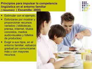 Principios para impulsar la competencia lingüística en el entorno familiar  ( resumen)   ( Escamilla: 2008) Estimular con el ejemplo. Esforzarse por mostrar y proporcionar recursos variados ( bibliotecas, prensa, Internet, títulos concretos, medios audiovisuales y folletos de productos) Exigir a sus hijos, en el entorno familiar, esfuerzo gradual por comunicarse más y con mayores recursos. 