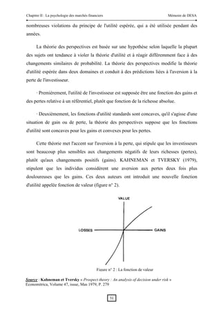 Chapitre II : La psychologie des marchés financiers                                 Mémoire de DESA

nombreuses violations du principe de l'utilité espérée, qui a été utilisée pendant des
années.

      La théorie des perspectives est basée sur une hypothèse selon laquelle la plupart
des sujets ont tendance à violer la théorie d'utilité et à réagir différemment face à des
changements similaires de probabilité. La théorie des perspectives modifie la théorie
d'utilité espérée dans deux domaines et conduit à des prédictions liées à l'aversion à la
perte de l'investisseur.

      · Premièrement, l'utilité de l'investisseur est supposée être une fonction des gains et
des pertes relative à un référentiel, plutôt que fonction de la richesse absolue.

      · Deuxièmement, les fonctions d'utilité standards sont concaves, qu'il s'agisse d'une
situation de gain ou de perte, la théorie des perspectives suppose que les fonctions
d'utilité sont concaves pour les gains et convexes pour les pertes.

      Cette théorie met l'accent sur l'aversion à la perte, qui stipule que les investisseurs
sont beaucoup plus sensibles aux changements négatifs de leurs richesses (pertes),
plutôt qu'aux changements positifs (gains). KAHNEMAN et TVERSKY (1979),
stipulent que les individus considèrent une aversion aux pertes deux fois plus
douloureuses que les gains. Ces deux auteurs ont introduit une nouvelle fonction
d'utilité appelée fonction de valeur (figure n° 2).




                                              Figure n° 2 : La fonction de valeur

Source : Kahneman et Tversky « Prospect theory : An analysis of decision under risk »
Economitrica, Volume 47, issue, Mas 1979, P. 279


                                                      51 
 