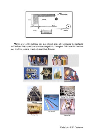 Réalisé par : ZIZI Oumaima
Malgré que cette méthode soit peu utilisé, mais elle demeure la meilleure
méthode de fabrication des matières composites, c’est pour fabriquer des tubes et
des profilés, comme ce qui est montré ci-dessous
 