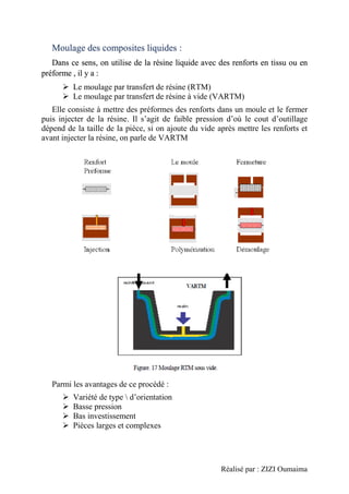 Réalisé par : ZIZI Oumaima
Moulage des composites liquides :
Dans ce sens, on utilise de la résine liquide avec des renforts en tissu ou en
préforme , il y a :
➢ Le moulage par transfert de résine (RTM)
➢ Le moulage par transfert de résine à vide (VARTM)
Elle consiste à mettre des préformes des renforts dans un moule et le fermer
puis injecter de la résine. Il s’agit de faible pression d’où le cout d’outillage
dépend de la taille de la pièce, si on ajoute du vide après mettre les renforts et
avant injecter la résine, on parle de VARTM
Parmi les avantages de ce procédé :
➢ Variété de type  d’orientation
➢ Basse pression
➢ Bas investissement
➢ Pièces larges et complexes
 