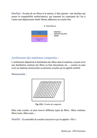 Réalisé par : ZIZI Oumaima
Interface : En plus de ces fibres et la matrice, il faut rajouter : une interface qui
assure la compatibilité renfort/matrice, qui transmet les contraintes de l’un à
l’autre sans déplacement relatif. Bonne adhérence en couche fine.
Architecture des matériaux composites :
L’architecture dépend de la distribution des fibres dans le matériau, on peut avoir
une distribution continue des fibres ou bien discontinue etc…, comme on peut
avoir un matériau monocouche ou plusieurs couches qu’on appelle stratifié.
Monocouche :
Dans cette couche, on peut trouver différents types de fibres : fibres continus,
fibres tissés, fibres mats….
Stratifié : Un ensemble de couches successives qu’on appelle « Plis »
 