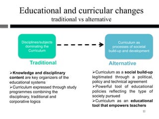 Educational and curricular changes
                         traditional vs alternative


      Disciplines/subjects                               Curriculum as
        dominating the                               processes of societal
          Curriculum                               build-up and development


           Traditional                             Alternative
Ø Knowledge and disciplinary             Ø Curriculum as a social build-up
content are key organizers of the         legitimated through a political,
educational systems                       policy and technical agreement
Ø Curriculum expressed through study     Ø Powerful tool of educational
programmes combining the                  policies reflecting the type of
disciplinary, traditional and             society pursued
corporative logics                        Ø Curriculum as an educational
                                          tool that empowers teachers
                                                                       11
 
