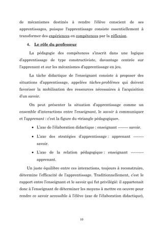 de

mécanismes

destinés

à

rendre

l'élève

conscient

de

ses

apprentissages, puisque l'apprentissage consiste essentiellement à
transformer des expériences en compétences par la réflexion.
4.

Le rôle du professeur

La pédagogie des compétences s’inscrit dans une logique
d’apprentissage de type constructiviste, davantage centrée sur
l’apprenant et sur les mécanismes d’apprentissage en jeu.
La tâche didactique de l’enseignant consiste à proposer des
situations d’apprentissage, appelées tâches-problèmes qui doivent
favoriser la mobilisation des ressources nécessaires à l’acquisition
d’un savoir.
On peut présenter la situation d’apprentissage comme un
ensemble d’interactions entre l’enseignant, le savoir à communiquer
et l’apprenant : c’est la figure du «triangle pédagogique».
• L’axe de l’élaboration didactique : enseignant -------- savoir.
• L’axe des stratégies d’apprentissage : apprenant -------savoir.
• L’axe de la relation pédagogique : enseignant ---------apprenant.
Un juste équilibre entre ces interactions, toujours à reconstruire,
détermine l’efficacité de l’apprentissage. Traditionnellement, c’est le
rapport entre l’enseignant et le savoir qui fut privilégié: il appartenait
donc à l’enseignant de déterminer les moyens à mettre en oeuvre pour
rendre ce savoir accessible à l’élève (axe de l’élaboration didactique),

10

 