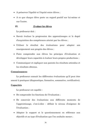 • A préserver l’égalité et l’équité entre élèves ;
• A ce que chaque élève porte un regard positif sur lui-même et
sur l’autre.

15.

Evaluer les élèves

Le professeur doit :
• Savoir évaluer la progression des apprentissages et le degré
d’acquisition des compétences atteint par les élèves ;
• Utiliser

le

résultat

des

évaluations

pour

adapter

son

enseignement aux progrès des élèves ;
• Faire comprendre aux élèves les principes d’évaluation et
développer leurs capacités à évaluer leurs propres productions ;
• Communiquer et expliquer aux parents les résultats attendus et
les résultats obtenus.
Connaissances
Le professeur connaît les différentes évaluations qu’il peut être
amené à pratiquer (diagnostique, formative, sommative, certificative).
Capacités
Le professeur est capable :
• De comprendre les fonctions de l’évaluation ;
• De concevoir des évaluations aux différents moments de
l’apprentissage, c’est-à-dire : définir le niveau d’exigence de
l’évaluation ;
• Adapter le support et le questionnement en référence aux
objectifs et au type d’évaluation que l’on souhaite mener ;
36

 